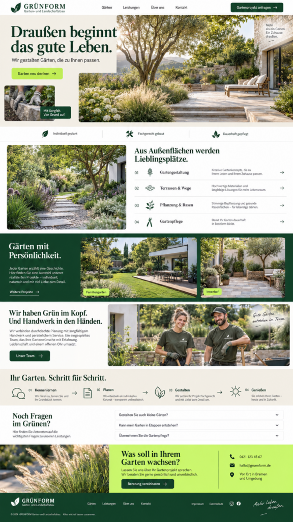 Startseite von GRÜNFORM Garten- und Landschaftsbau mit Gartenprojekten, Leistungen, Team und Kontaktinfos