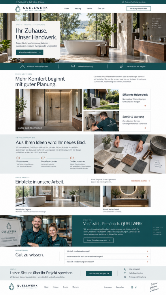 Startseite von QUELLWERK für Bad, Heizung und Sanitär mit Hero-Bereich, Leistungen, Projekten, Team und Kontakt