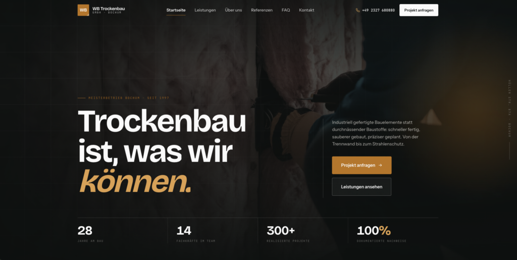 Webseite von WB Trockenbau mit Startseiten-Hero, Slogan „Trockenbau ist, was wir können.“ und Call-to-Action-Buttons
