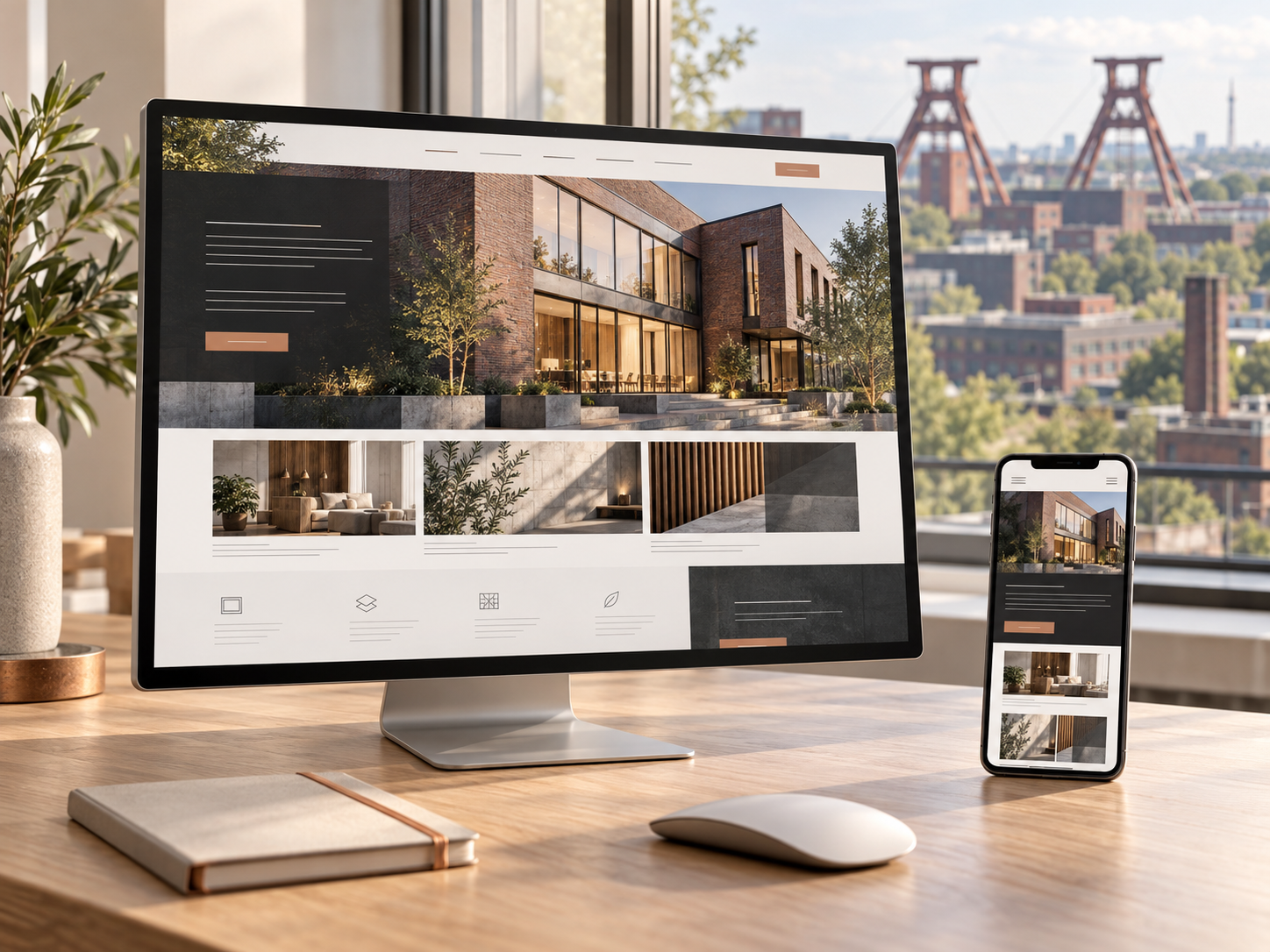 Responsives Architektur-Website-Design auf Desktop und Smartphone