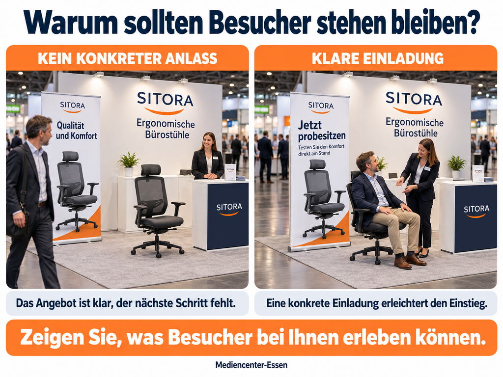 Vergleichsgrafik zur Messeansprache: ohne konkrete Einladung bleiben Besucher eher weg, mit Einladung probieren sie Stühle aus
