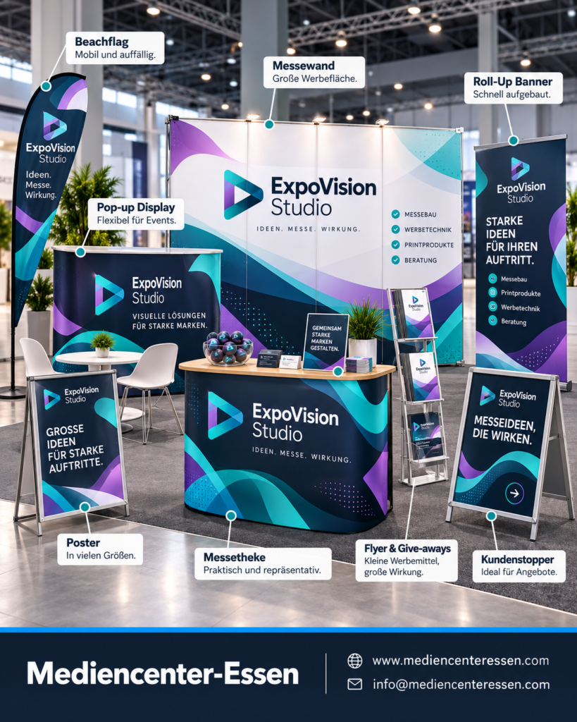Messestand mit ExpoVision-Studio-Werbemitteln wie Beachflag, Messewand, Roll-up, Poster und Theke
