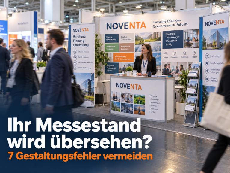 Messestand von NOVENTA auf einer Messe mit dem Text „Ihr Messestand wird übersehen? 7 Gestaltungsfehler vermeiden“