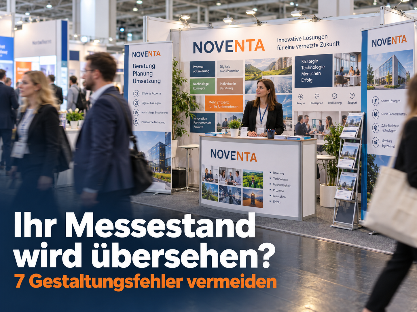 Messestand von NOVENTA auf einer Messe mit dem Text „Ihr Messestand wird übersehen? 7 Gestaltungsfehler vermeiden“