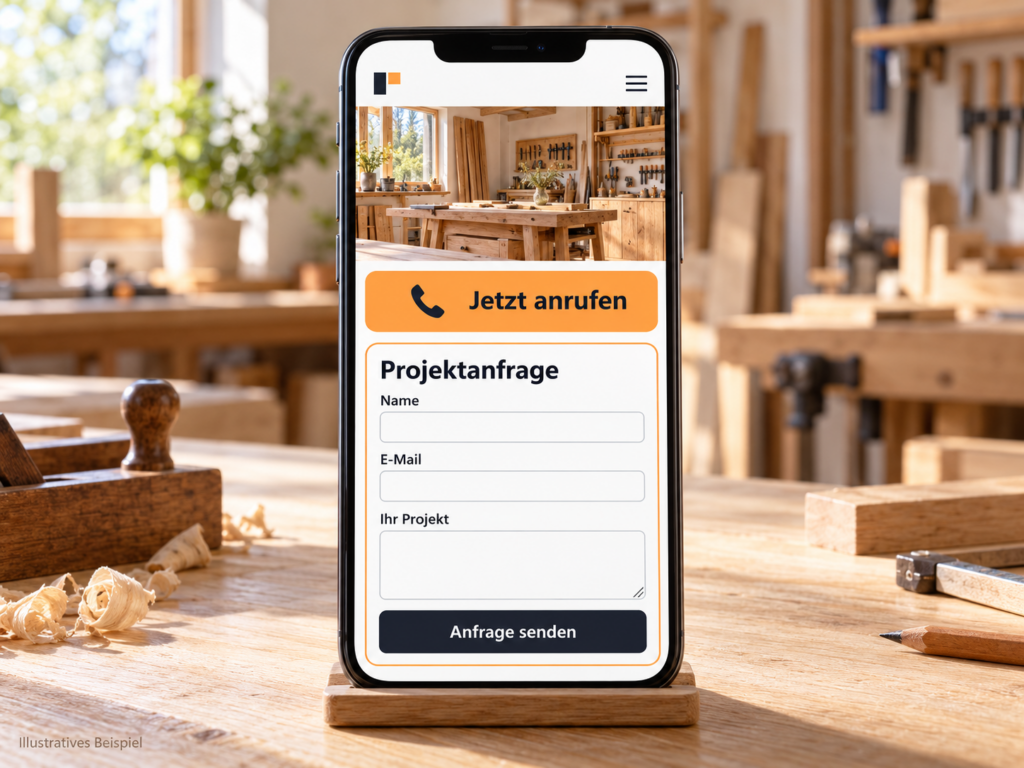 Smartphone zeigt ein Kontaktformular mit „Jetzt anrufen“, „Projektanfrage“ und dem Button „Anfrage senden“