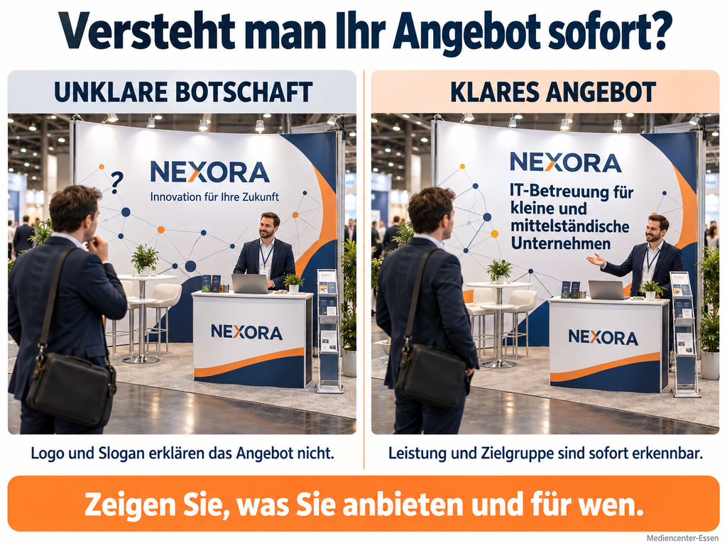 Vergleich: Unklare Botschaft versus klares Angebot auf einem Messestand mit NEXORA; links unverständlich, rechts IT-Betreuung für KMU