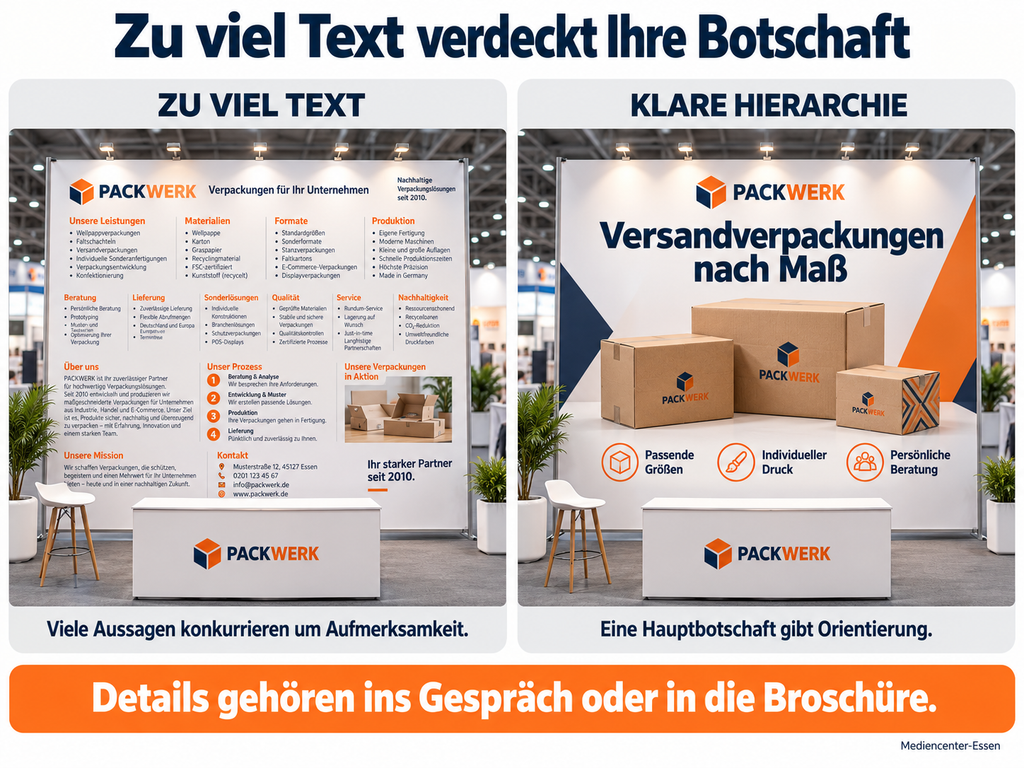 Vergleich von Messeständen: links zu viel Text, rechts klare Hierarchie mit einer Hauptbotschaft