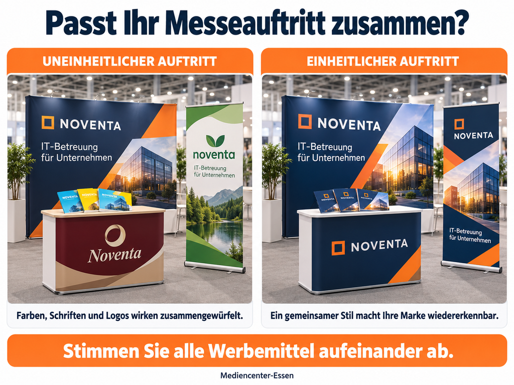 Vergleich von uneinheitlichem und einheitlichem Messeauftritt für Noventa mit Hinweis auf abgestimmte Werbemittel
