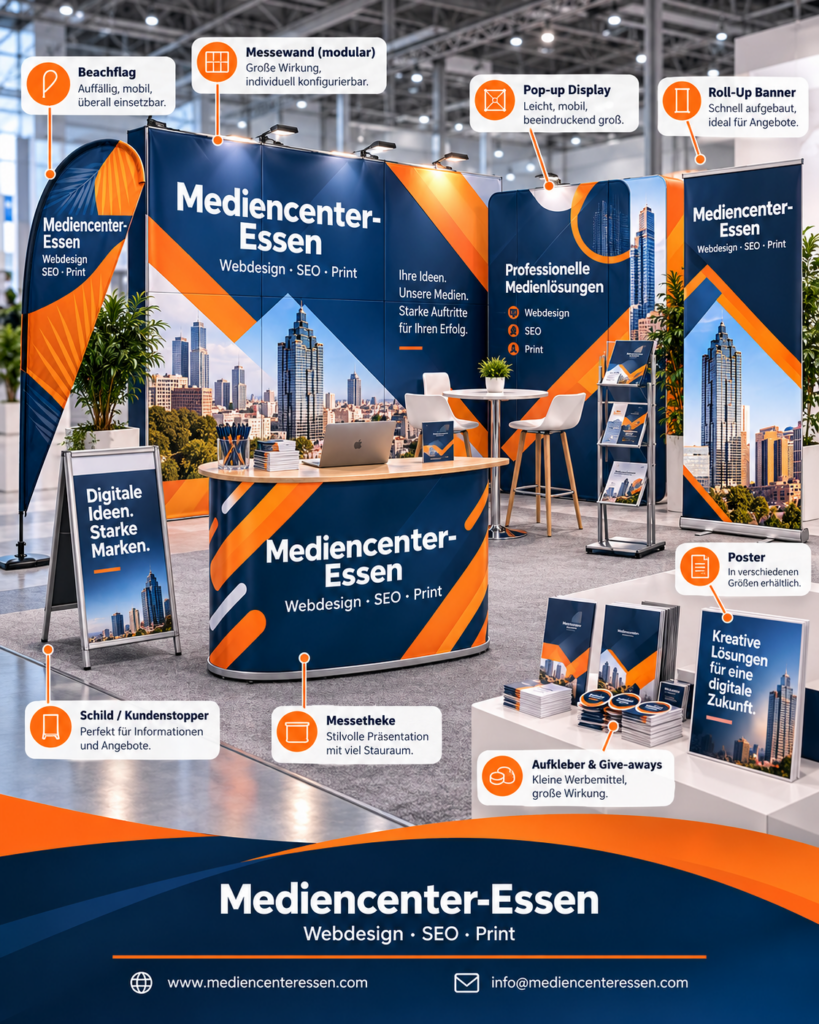 Messestand von Mediencenter-Essen mit Roll-ups, Messetheke, Pop-up-Displays, Beachflag und Broschüren
