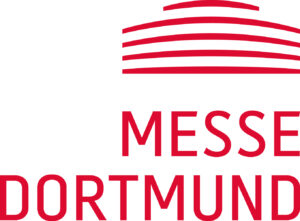 Logo von Borussia Dortmund mit stilisierten roten Linien und dem Schriftzug „Messe Dortmund“