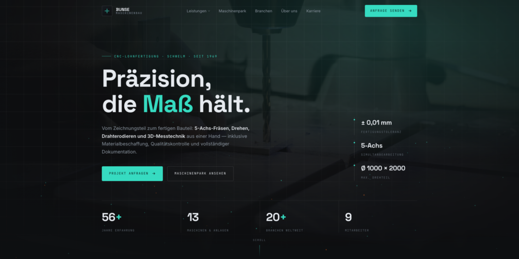 Startseite von Bunse Maschinenbau mit Slogan „Präzision, die Maß hält“ und Angaben zu CNC-Lohnfertigung und Leistungen