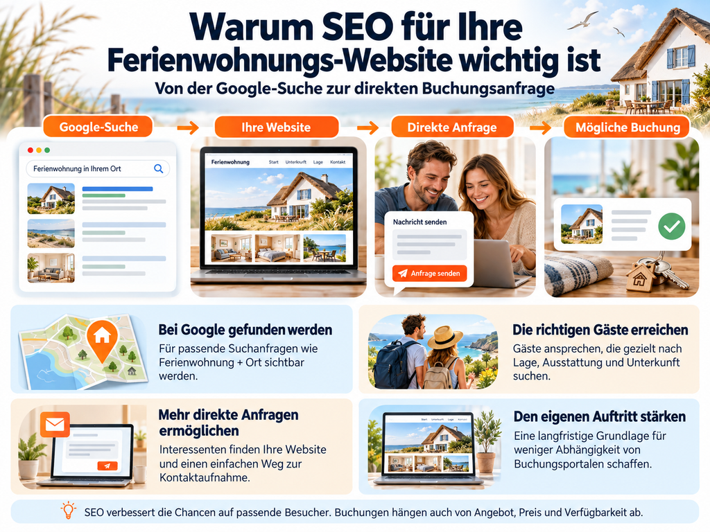 Infografik zu SEO für Ferienwohnungs-Websites: Von Google-Suche über Website und Anfrage zur möglichen Buchung