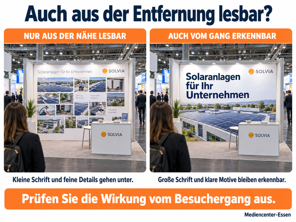 Vergleichsinfografik zu Messestand-Gestaltung: große Schrift und klare Motive bleiben aus dem Gang erkennbar, kleine Schrift nicht