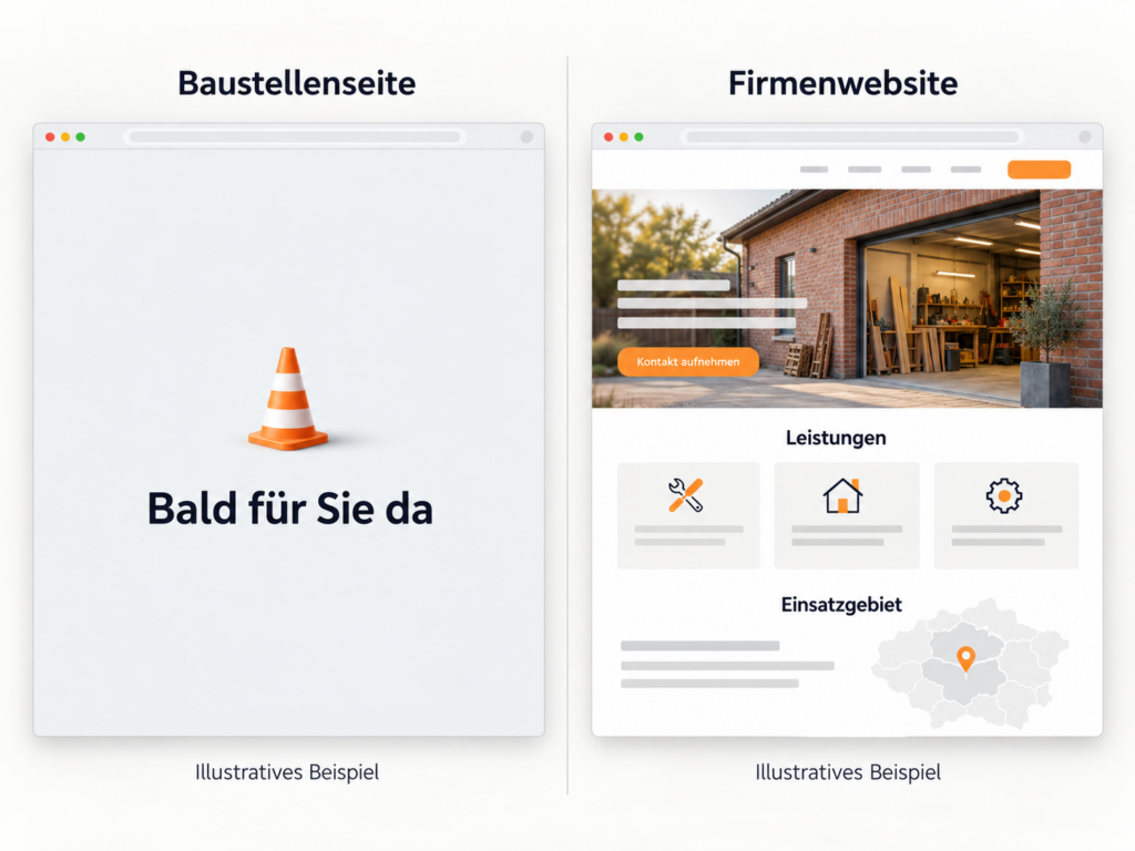 Vergleich von Baustellenseite und Firmenwebsite mit „Bald für Sie da“ und Beispiel-Website für Bauleistungen