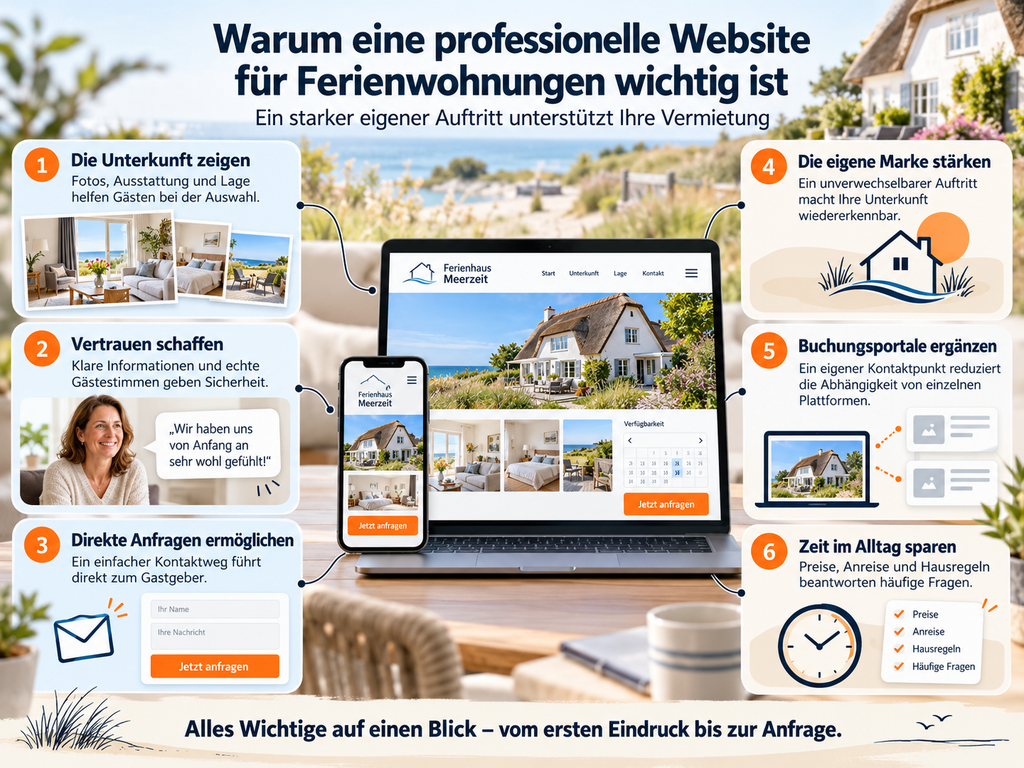 Infografik: Warum eine professionelle Website für Ferienwohnungen wichtig ist; zeigt 6 Vorteile wie Unterkunft zeigen, Vertrauen schaffen und Buchungen erleichtern