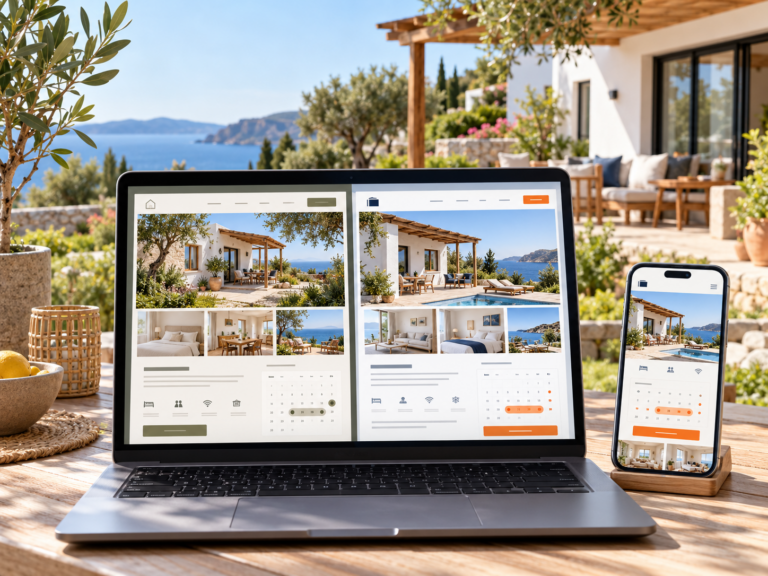 Laptop und Smartphone mit einer Ferienhaus-Website in einer sonnigen Villa am Meer