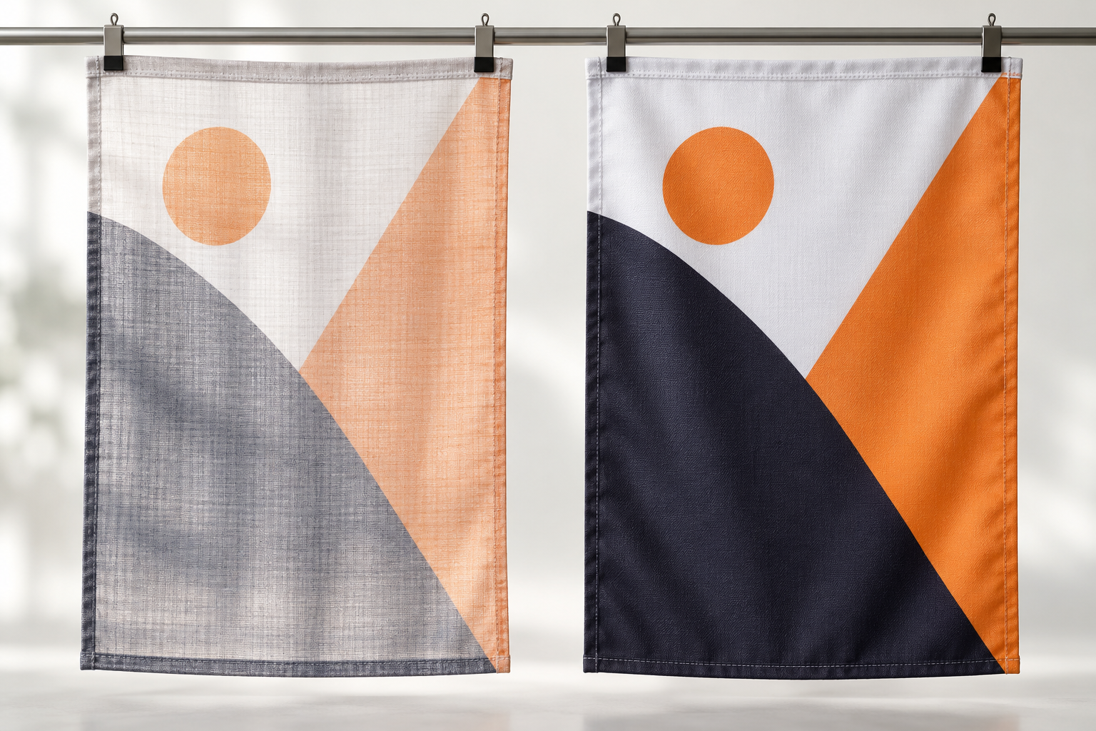 Vergleich eines einseitigen Beachflag-Drucks mit gespiegelter Rückseite und eines beidseitigen Drucks.