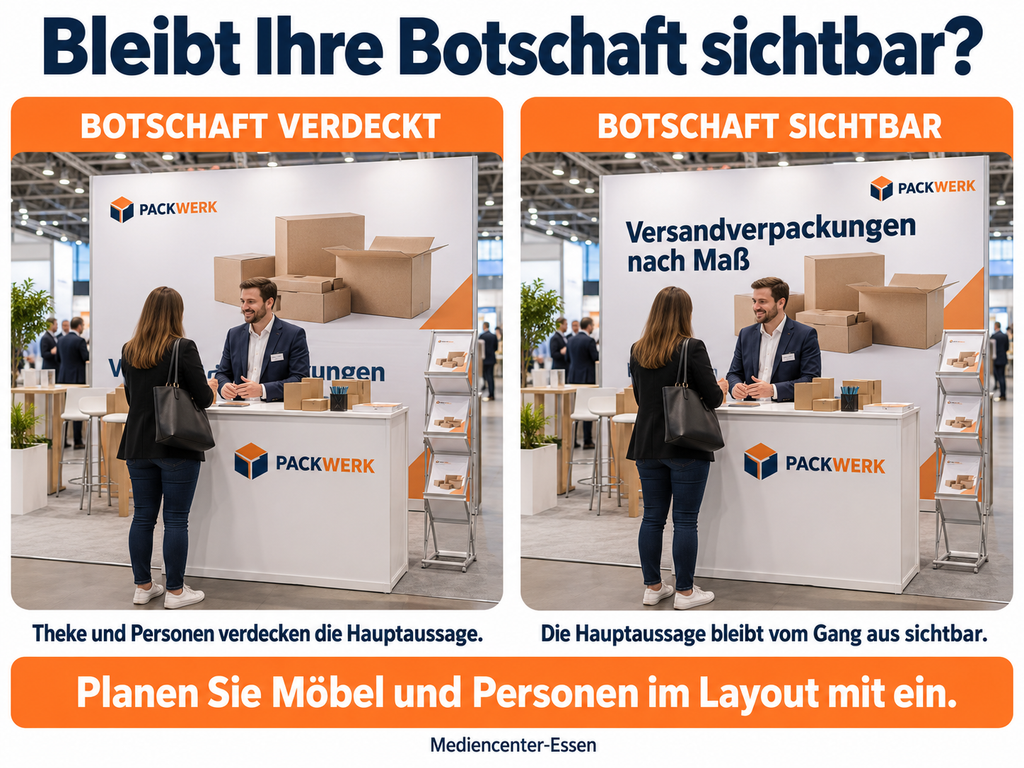 Vergleichsgrafik zu Messestand-Layouts: verdeckte vs. sichtbare Botschaft durch Möbel und Personen