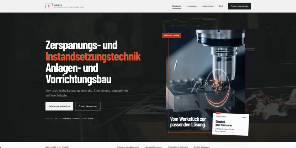 Startseite von BAUMA mit heroischer Maschinenbau-Grafik und den Leistungen Zerspanungs-, Instandsetzungs-, Anlagen- und Vorrichtungsbau