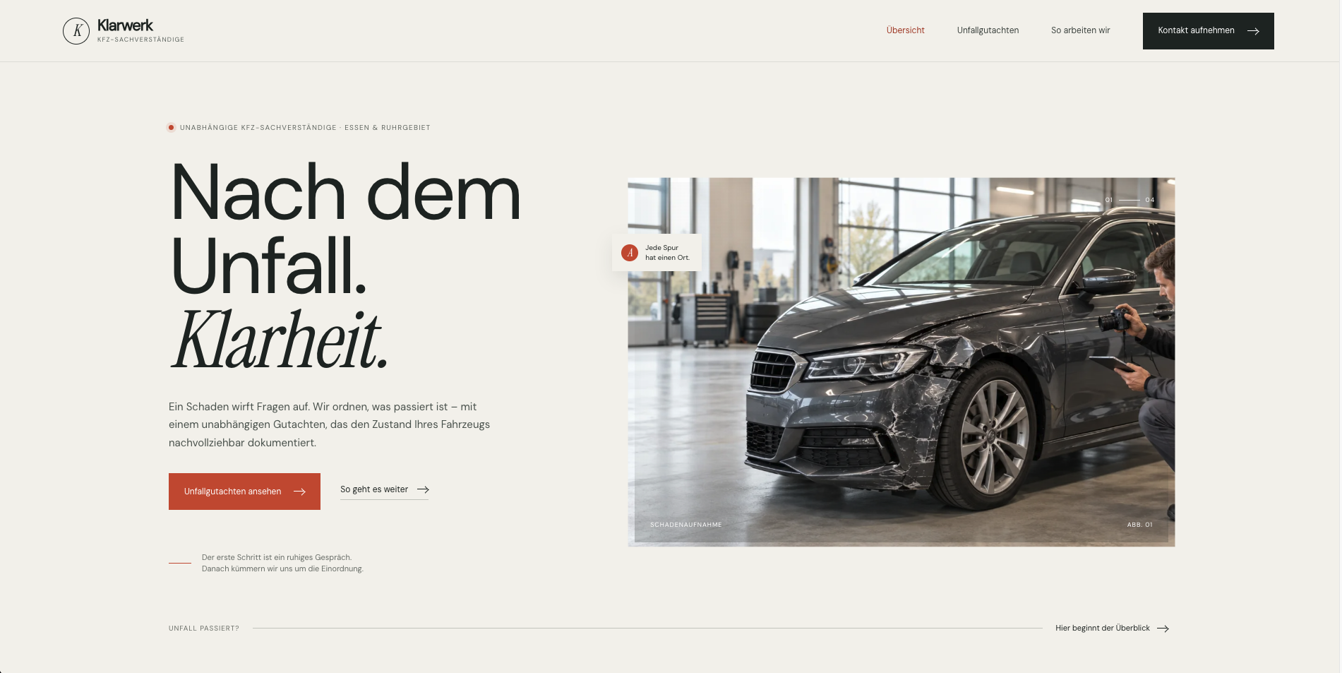 Startseiten-Vorschau der Beispielwebseite Klarwerk für Kfz-Sachverständige
