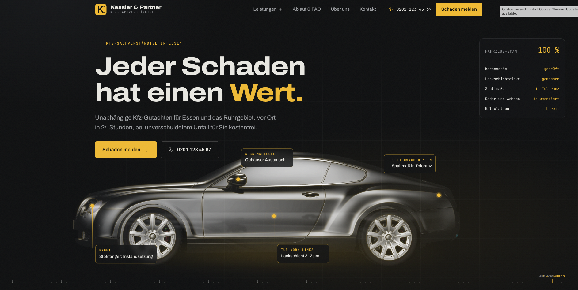 Startseiten-Vorschau der Beispielwebseite Kessler und Partner für Kfz-Gutachter