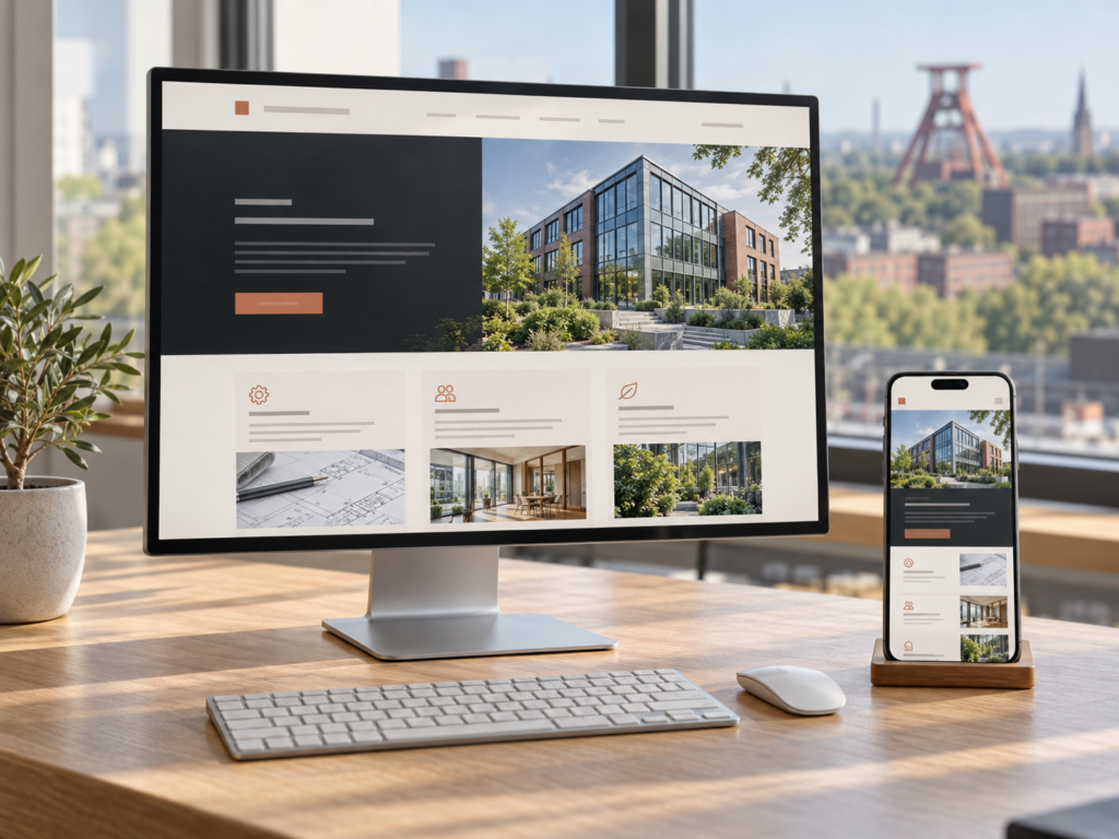 Beste Webdesign Agentur aus Essen gesucht: moderne Unternehmenswebsite auf Monitor und Smartphone