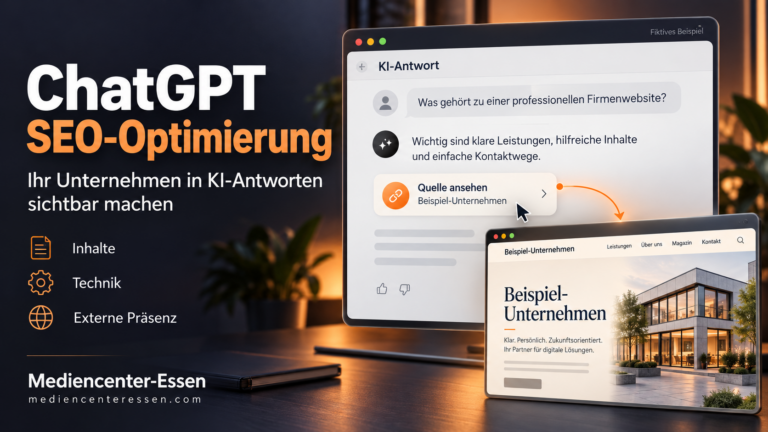 Titelbild zur ChatGPT SEO-Optimierung von Mediencenter-Essen mit einer beispielhaften KI-Antwort und einer verlinkten Unternehmenswebsite