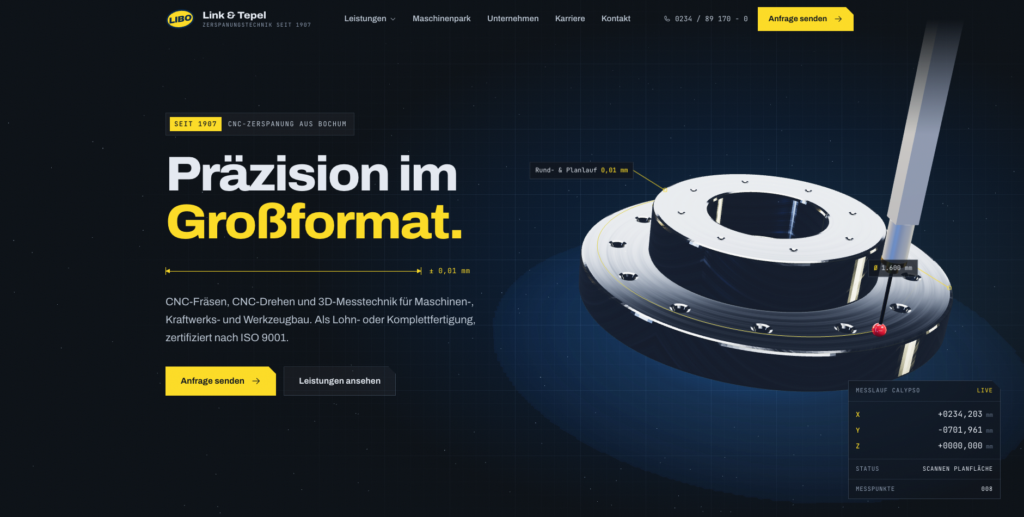 Startseite von Link & Tepel mit der Botschaft „Präzision im Großformat“ und einem bearbeiteten Metallbauteil