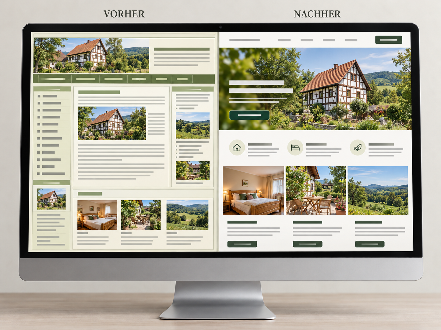 Vorher-Nachher-Vergleich einer Ferienwohnungs-Webseite nach professionellem Redesign
