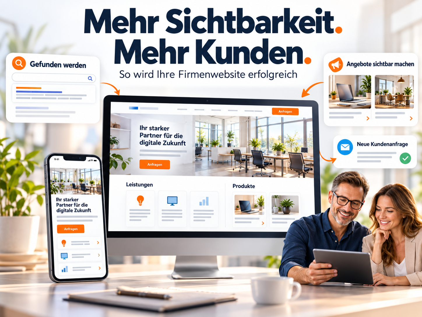Mehr Sichtbarkeit, mehr Kunden: Website- und Online-Marketing-Werbung mit Desktop, Smartphone und Kundenpaar