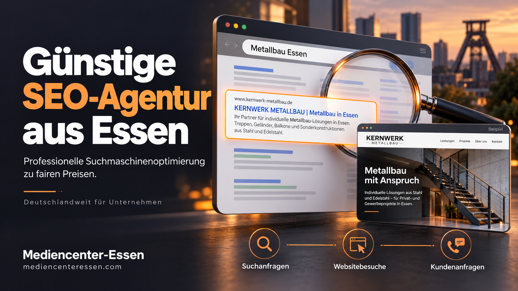 Titelbild von Mediencenter-Essen zum Thema günstige SEO-Agentur aus Essen mit Suchergebnis, Lupe und Symbolen für Websitebesuche und Kundenanfragen.