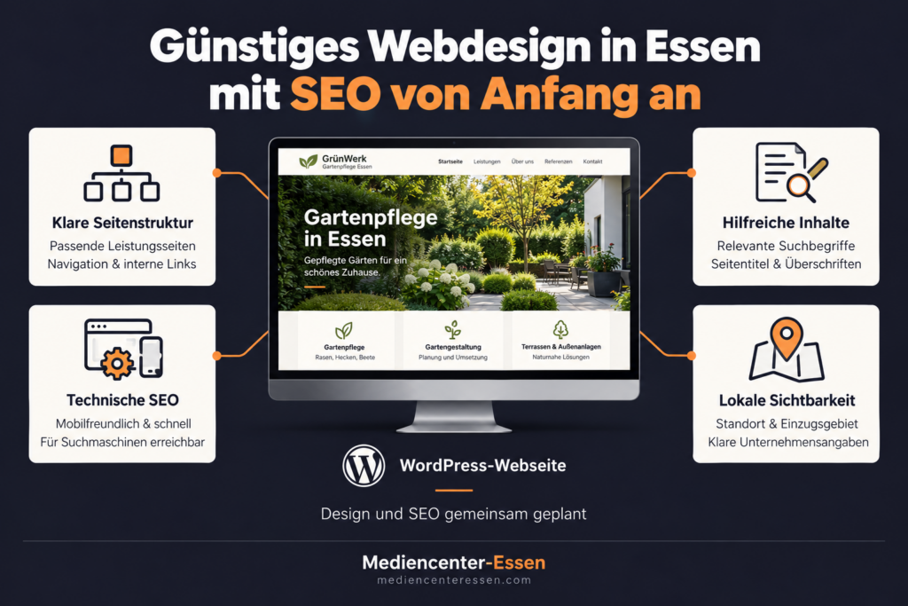Infografik zu günstigem Webdesign in Essen mit SEO von Anfang an: Seitenstruktur, Inhalte, technische SEO und lokale Sichtbarkeit