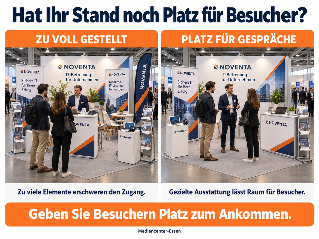 Vergleich zweier Messestände: zu voll gestellt vs. mit Platz für Gespräche