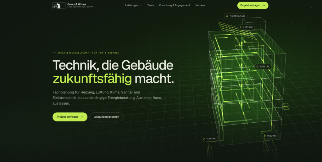 Startseite von Gross & Wrona mit dem Slogan „Technik, die Gebäude zukunftsfähig macht“ und einer Gebäudegrafik