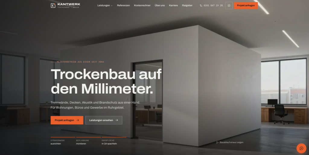 Trockenbau-Hero mit Büroinnenraum und dem Slogan „Trockenbau auf den Millimeter.“