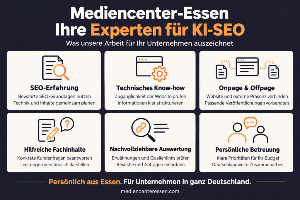 KI-SEO-Kompetenzen von Mediencenter-Essen: SEO-Erfahrung, technisches Know-how, Onpage und Offpage, Fachinhalte, nachvollziehbare Auswertung und persönliche Betreuung