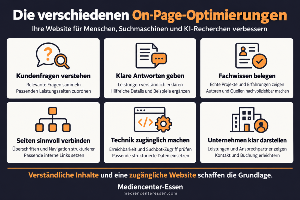 Onpage-Optimierung für KI-Sichtbarkeit: Kundenfragen, klare Antworten, belegtes Fachwissen, interne Verlinkung, technische Zugänglichkeit und verständliche Unternehmensangaben