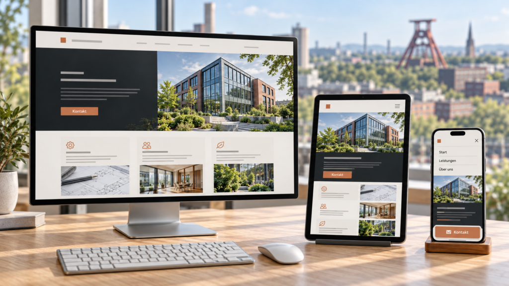 Responsive Unternehmenswebsite mit angepasster Darstellung auf Desktop, Tablet und Smartphone