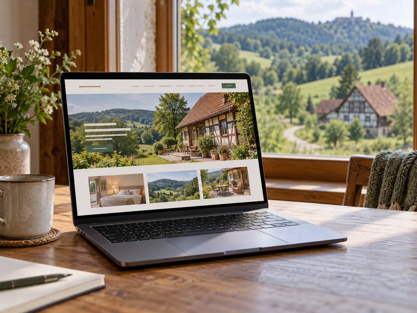 Laptop zeigt eine Ferienhaus-Website mit Landhaus, Bergblick und Zimmerfotos vor derselben Aussicht