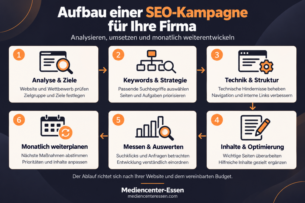 Aufbau einer SEO-Kampagne in sechs Schritten: Analyse, Keyword-Strategie, technische Optimierung, Inhalte, Auswertung und monatliche Weiterplanung