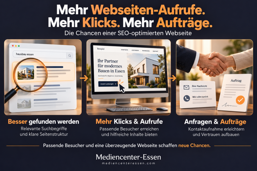 Infografik zeigt, wie eine SEO-optimierte Webseite zu mehr Sichtbarkeit, passenden Websitebesuchen und Chancen auf neue Anfragen und Aufträge beitragen kann