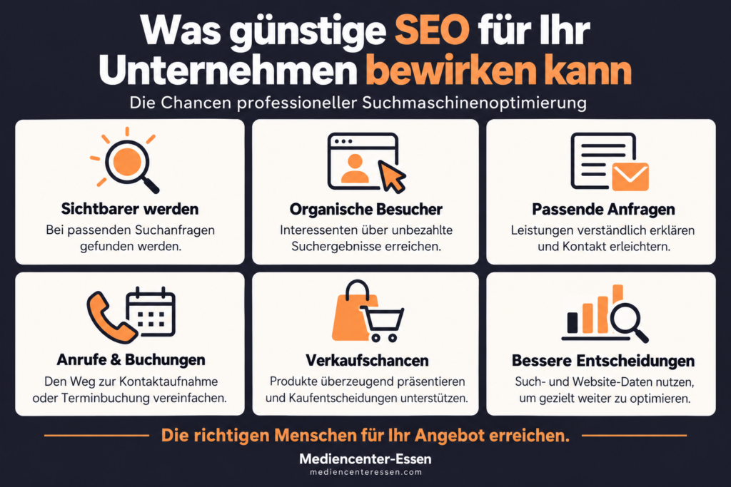 Sechs Chancen professioneller SEO: mehr Sichtbarkeit, organische Besucher, passende Anfragen, Anrufe und Buchungen, Verkaufschancen sowie bessere Entscheidungsgrundlagen