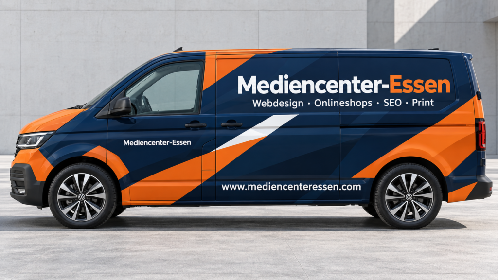 Werbe-Transporter von Mediencenter-Essen mit den Dienstleistungen Webdesign, Onlineshops, SEO und Print