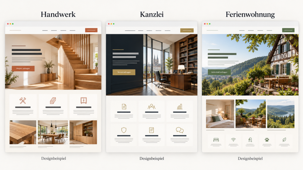 Unterschiedliche Website-Gestaltungen für Handwerk, Kanzlei und Ferienunterkunft