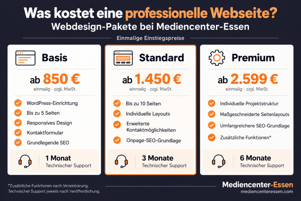 Preistabelle für Webdesign-Pakete von Mediencenter-Essen: Basis ab 850 €, Standard ab 1.450 €, Premium ab 2.599 €
