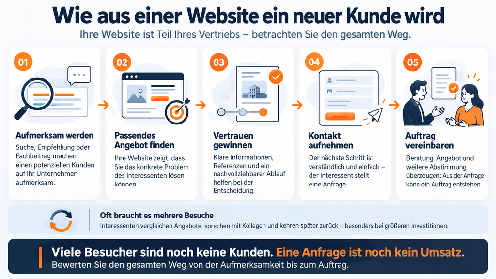 Fünf Schritte zur Kundengewinnung über die Website: Aufmerksamkeit, passendes Angebot, Vertrauen, Kontakt und Auftrag – häufig über mehrere Besuche.