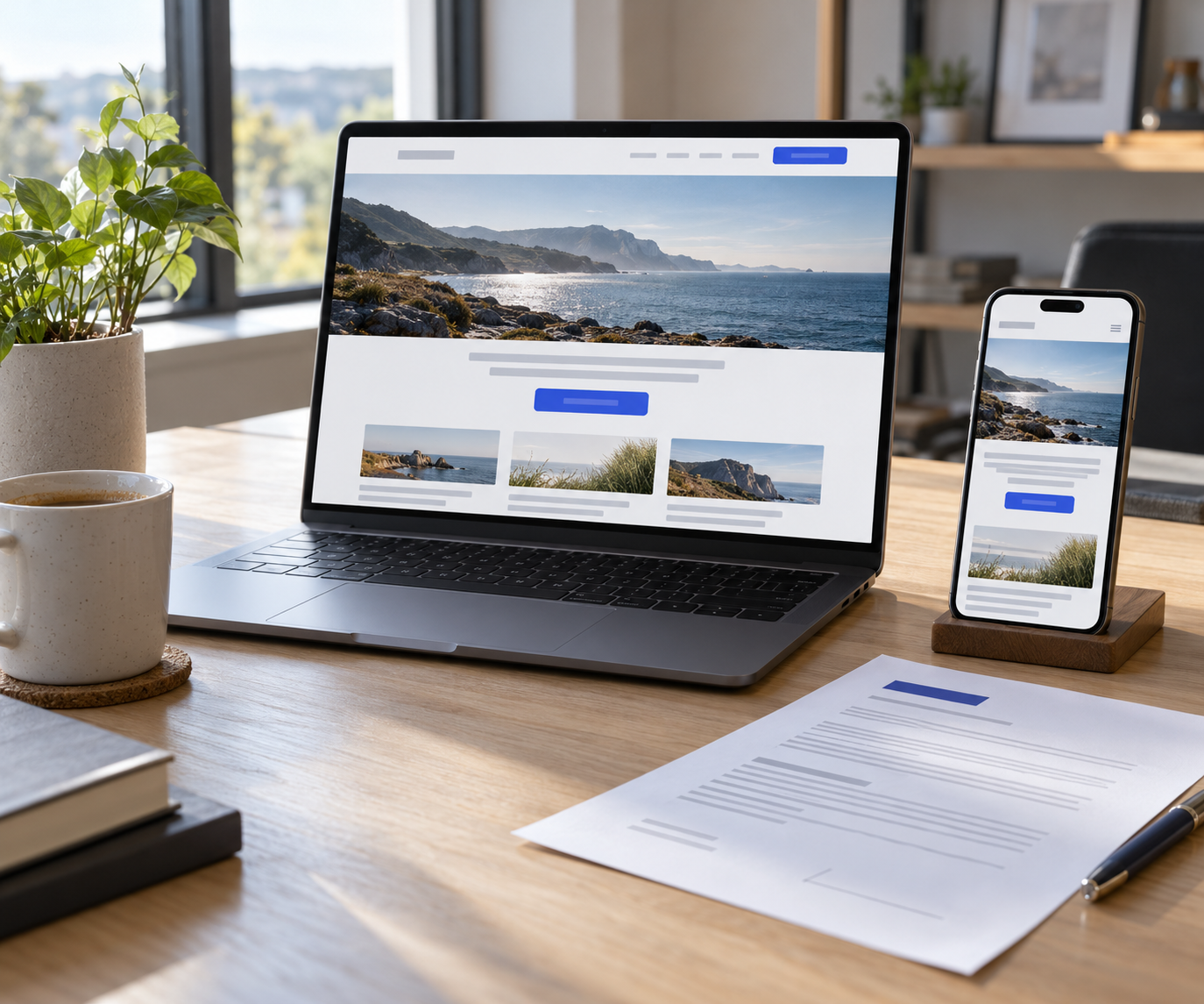 Website zum Festpreis: fertige Firmenwebsite auf Laptop und Smartphone mit verbindlichem Angebot
